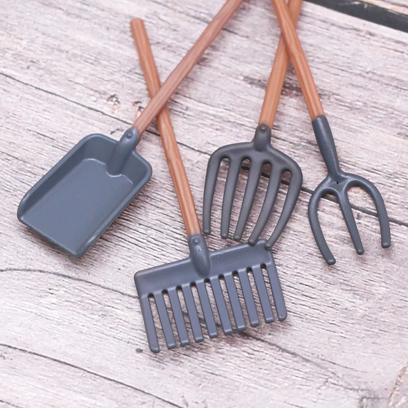 4Pcs 1:12 Dollhouse Miniature Gardening Tools Shovel Rake Hoes Model For Doll House Decor Accessories Kids Pretend Play Toys