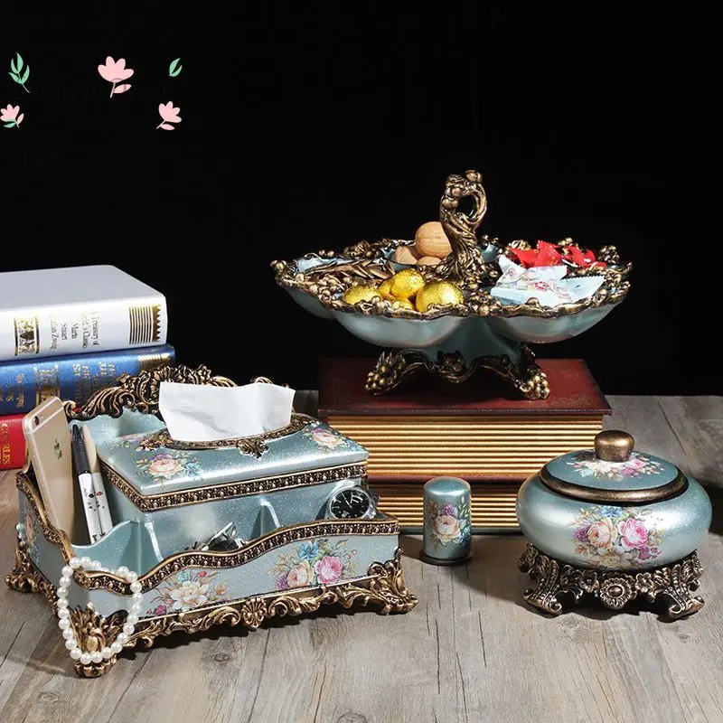 European new personalized light luxury tea three-piece set storage box tissue box dried fruit plate creative luxury living room