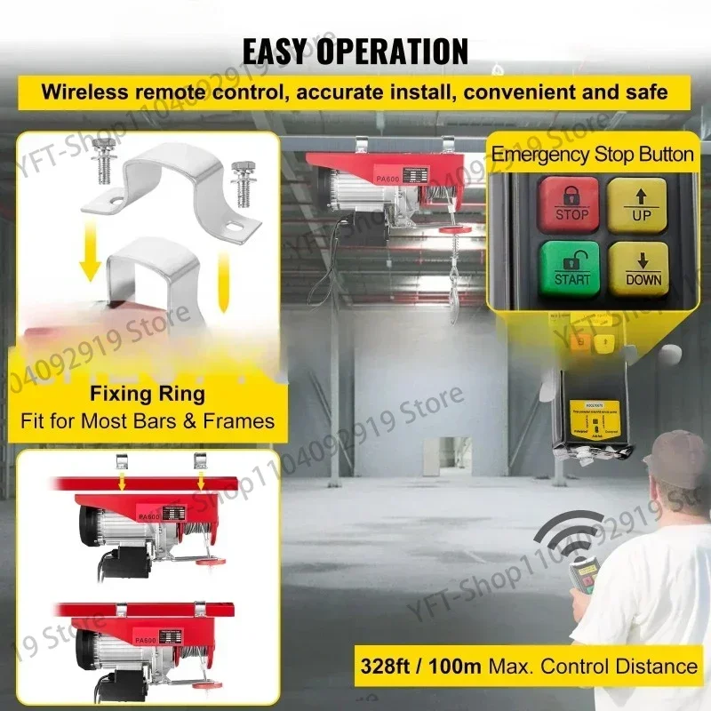 Wciągarka 600kg stalowy podnośnik elektryczny 220 V/110 V wciągnik elektryczny 1320LBS wciągnik elektryczny z bezprzewodowym pilotem 12 M/min