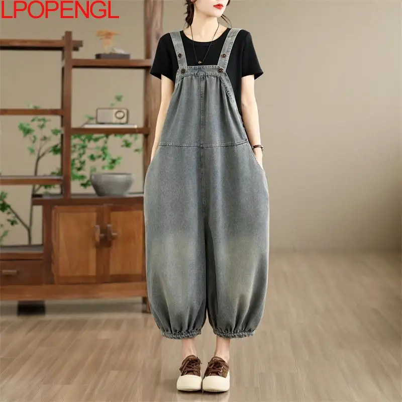 2026 Summer New Art Casual Loose Washed Cowboy Strap Pants Women's Straight Denim Casual Overalls Vintage Distress Jumpsuit