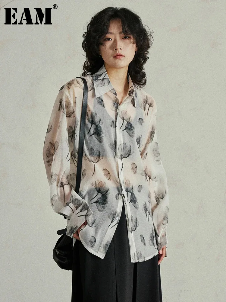 [EAM] Women White Printed Perspective Big Size Thin Blouse New Lapel Long Sleeve Shirt Fashion Tide Spring Summer 2024 1DH4977