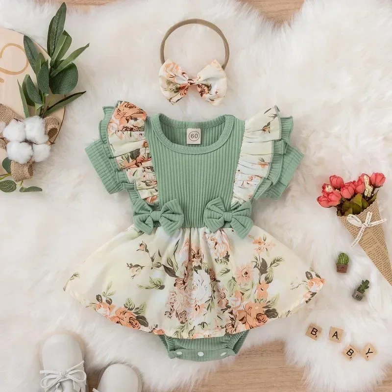 Baby Flower Romper Dress with Headbands Newborn Girl Baby Clothes Baby Girl Outfit Set for Summer,0-18 Months,80% Cotton