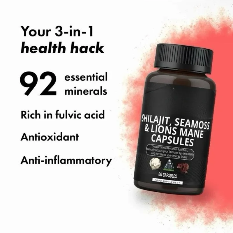 Shilajit, Seamoss, and Lion's Mane Capsules - Enhance Immunity, Increase Energy and Endurance, Relieve Stress, Improve Memory
