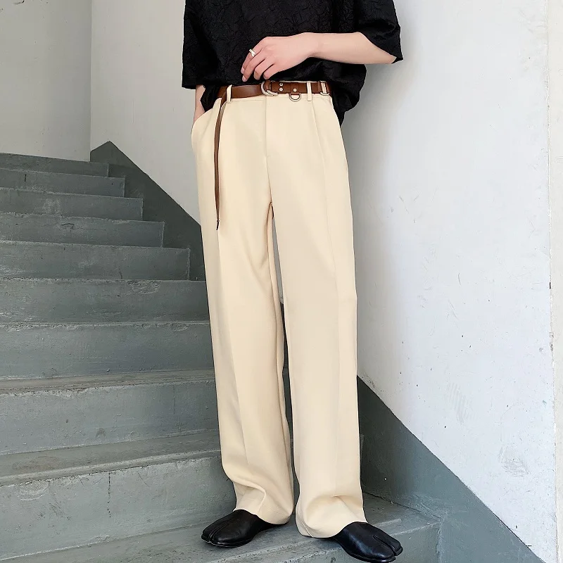 White Drapey Casual Pants Men's Straight Leg Loose Wide Leg Trendy Hong Kong Style Hairdresser Fall Style Comfortable Leisure...