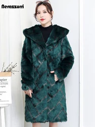 Nerazzurri Winter Long Warm Thick Plaid Fluffy Faux Fur Coat Women with Hood Elegant Luxury Fake Rabbit Jackets for Women 2022