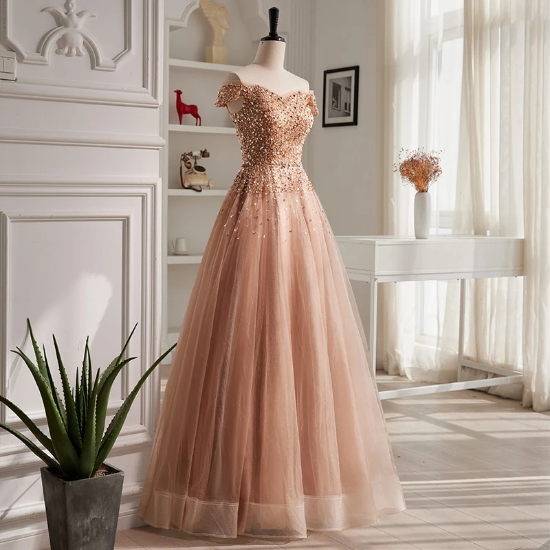 Champagne Boat Neck Evening Dress Sequins Short Sleeves Floor Length A-Line Tulle Lace Up Plus Size Women Party Dresses