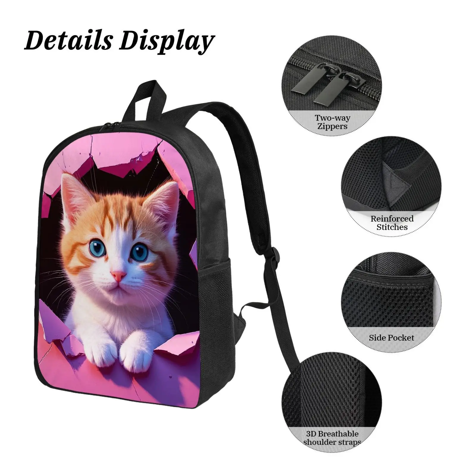 Set de tres piezas: mochila, estuche para lápices, bolsa de almuerzo, alta calidad, impresión 2D, gran capacidad, gato, lindo, regalo, para uso diario