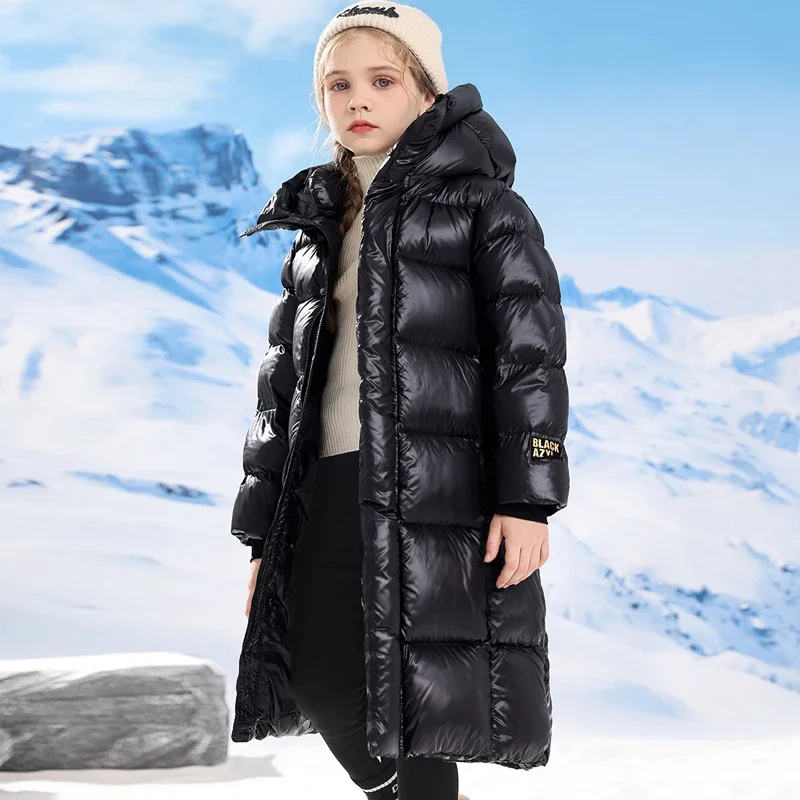 2024 Winter Teen Girls Jacket -30℃ Long Glossy Waterproof Thick Hooded Parka For 4-12Y Kids Fashion Warm Down Cotton Snowsuit