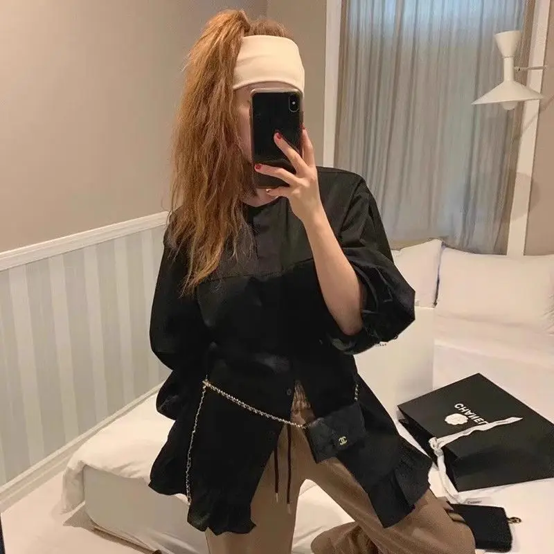 Koreaanse Herfst Modieuze Ruches Effen Kleur O-hals Shirts Vrouwelijke Koreaanse Knoppen Lange Mouw Blouse Dameskleding Top Tee