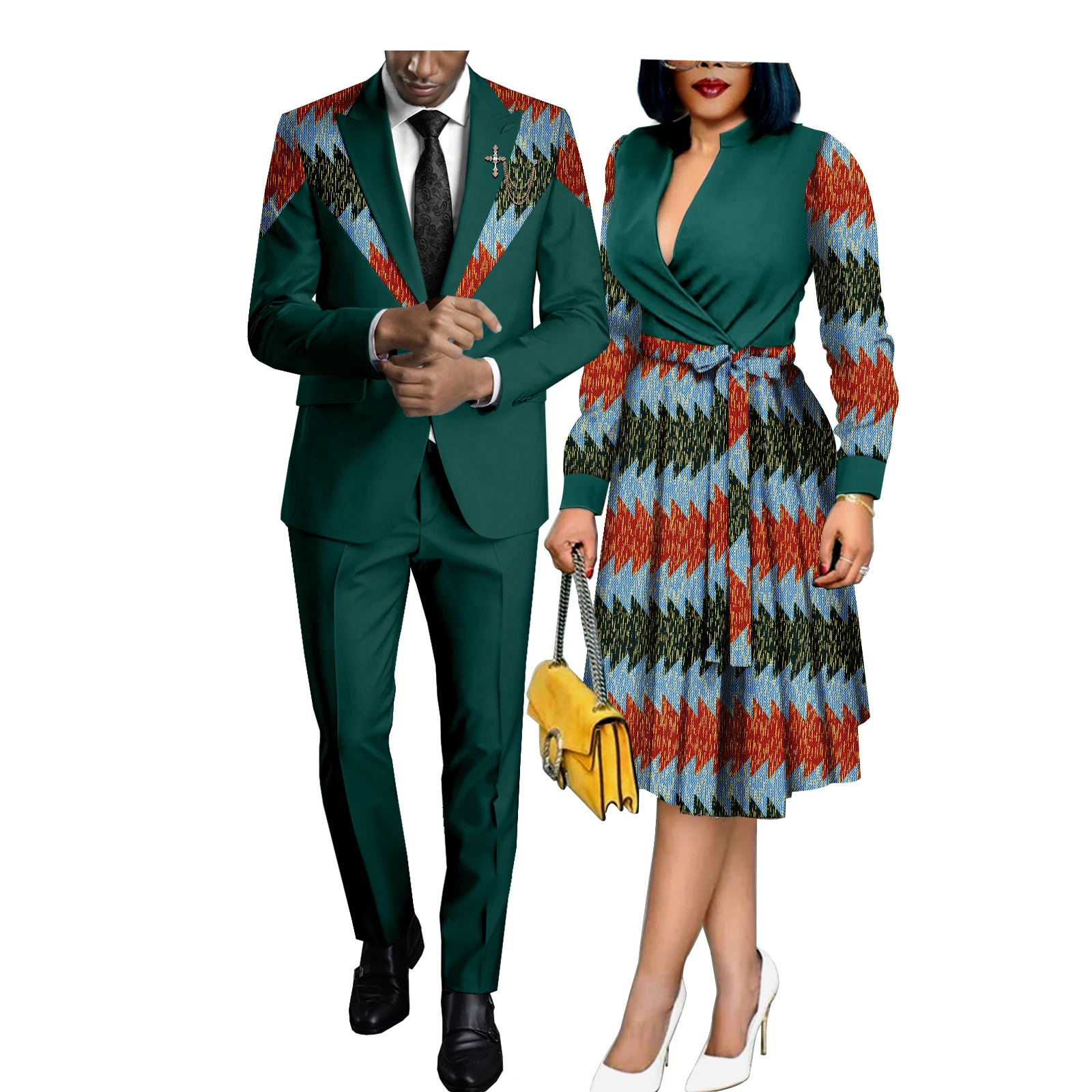 African Couples Women Print Wax Cotton Fashion Patchwork Hot Dress & Men 2 Pieces Shirt and Pants Sets