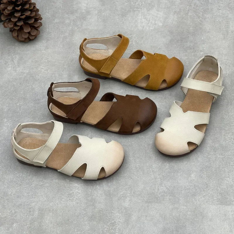 2026 Summer Women Genuine Leather Flat Sandals Closed Round Toe Cutout Soft Cowhide Hook and Loop Casual Comfort Walking Shoes