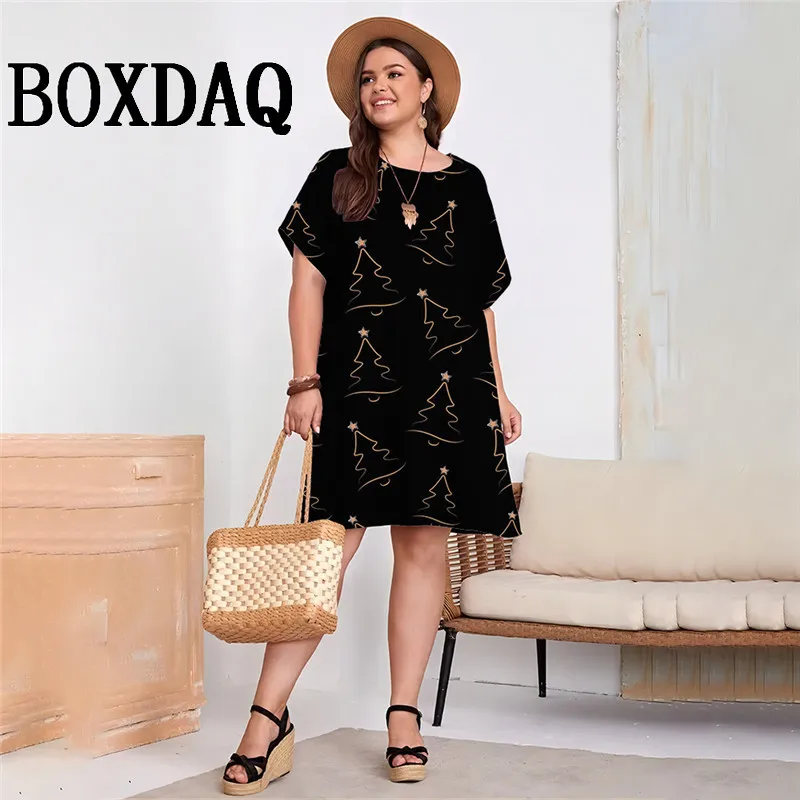 Kerstboom Print Vrouwen Feestjurk Casaul Vrouwen Avondjurk Zomer Nieuwe Losse Plus Size Mini Jurk Festival Famale Kleding