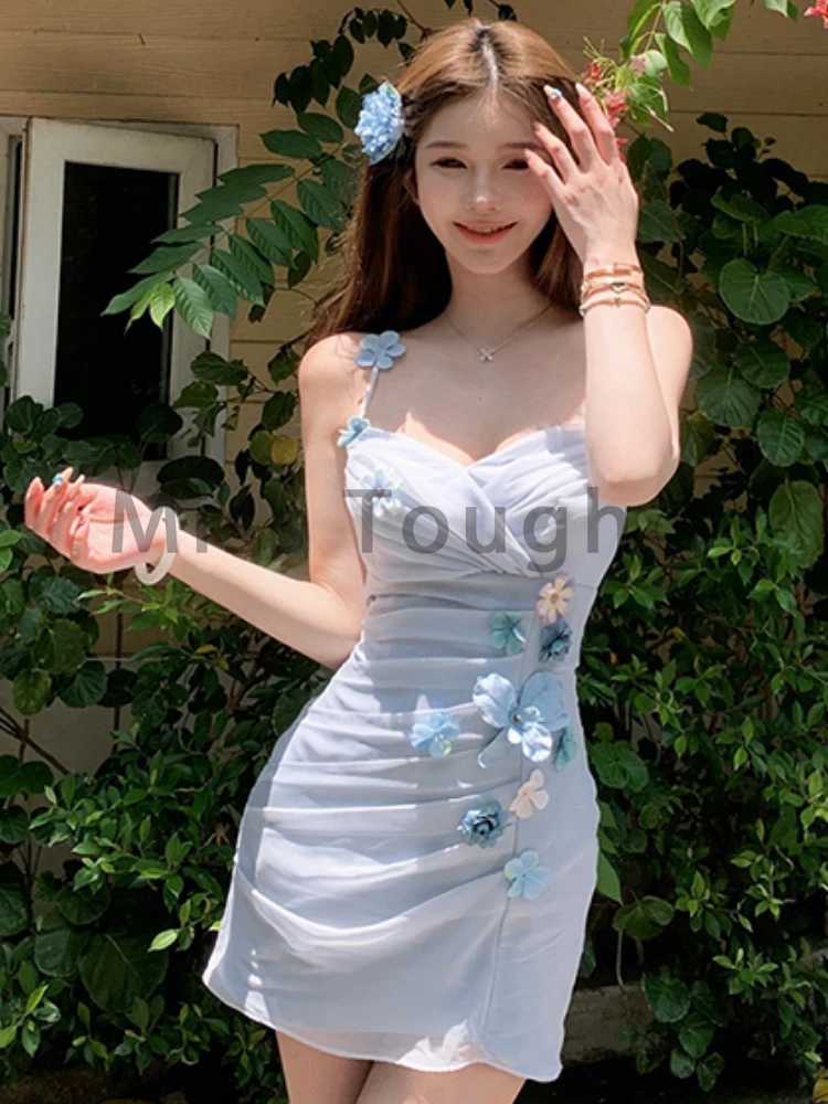 Elegant Chic Sexy One Piece Dress Y2k Women Vintage Casual Slim Mini Dress Female France Fashion Flower Clothing 2024 Summer New