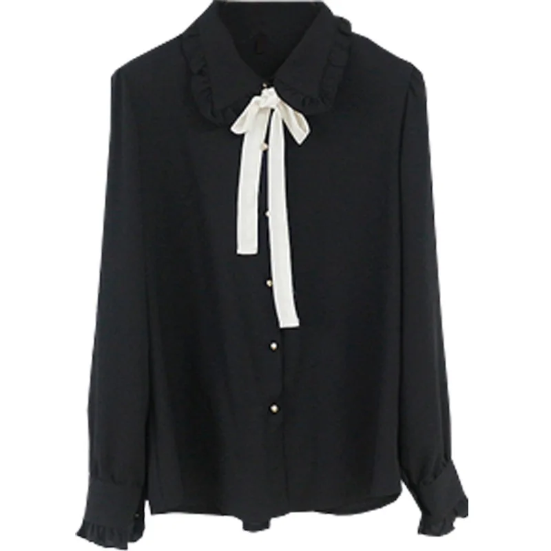 2023 Hot Sales Women\'s Cute Sweet Girls Vintage Black White Lace-Up Ruffled Ribbon Tops Button Elegant Formal Shirts Blouses