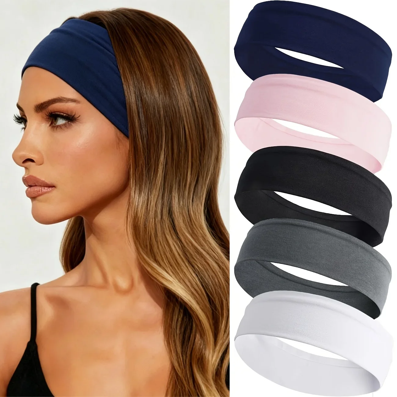 5pcs Set Women's Sweat-Absorbing Sports Headbands – Loose Elastic Band Solid Color Fabric Headbands,Suitable for Sweat-Absorbing