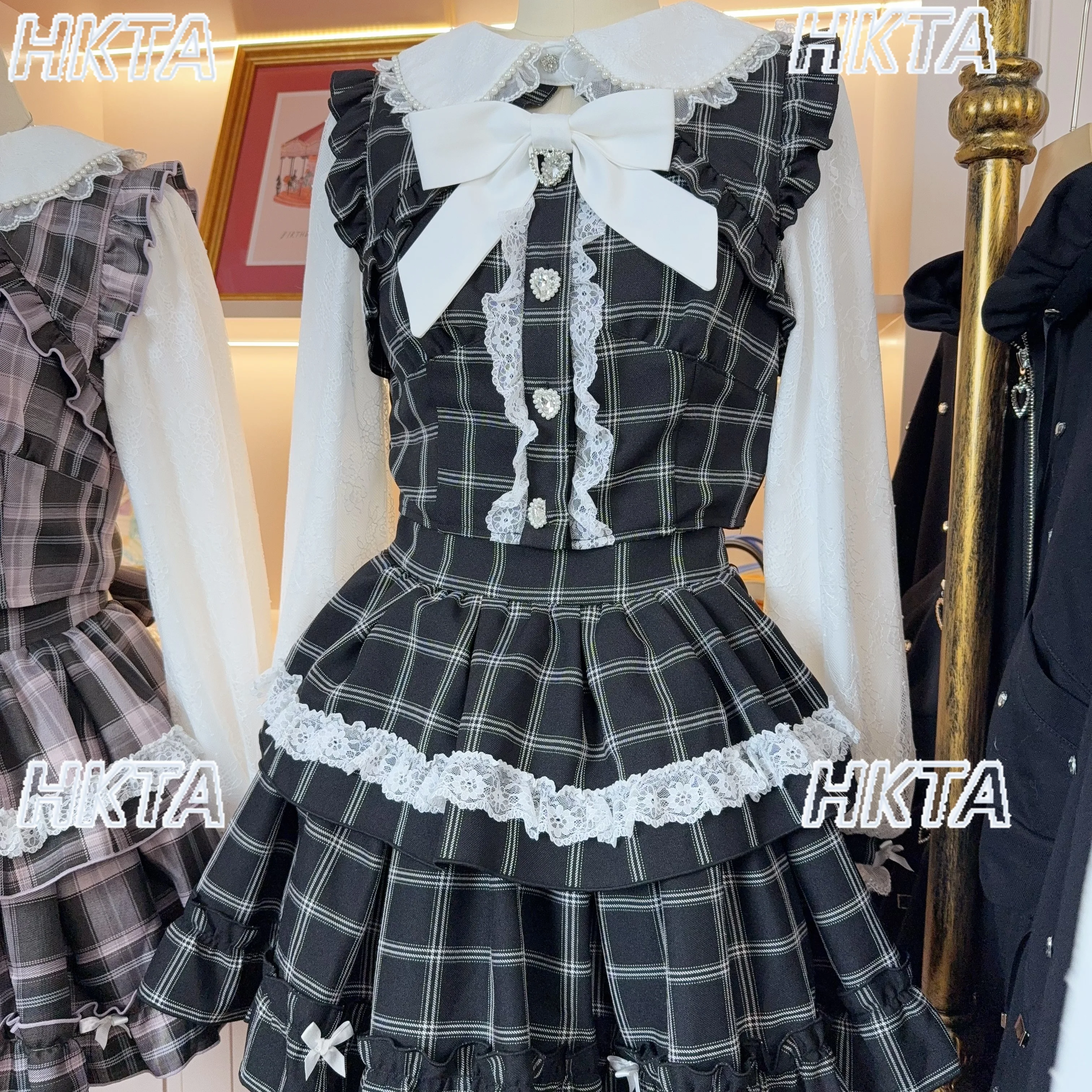 

Japanese Sweet Lolita Skirt Autumn New Plaid Bow Lace Stitching Beaded Doll Collar Long Sleeved Top Cake Fluffy Skirt Sets Women