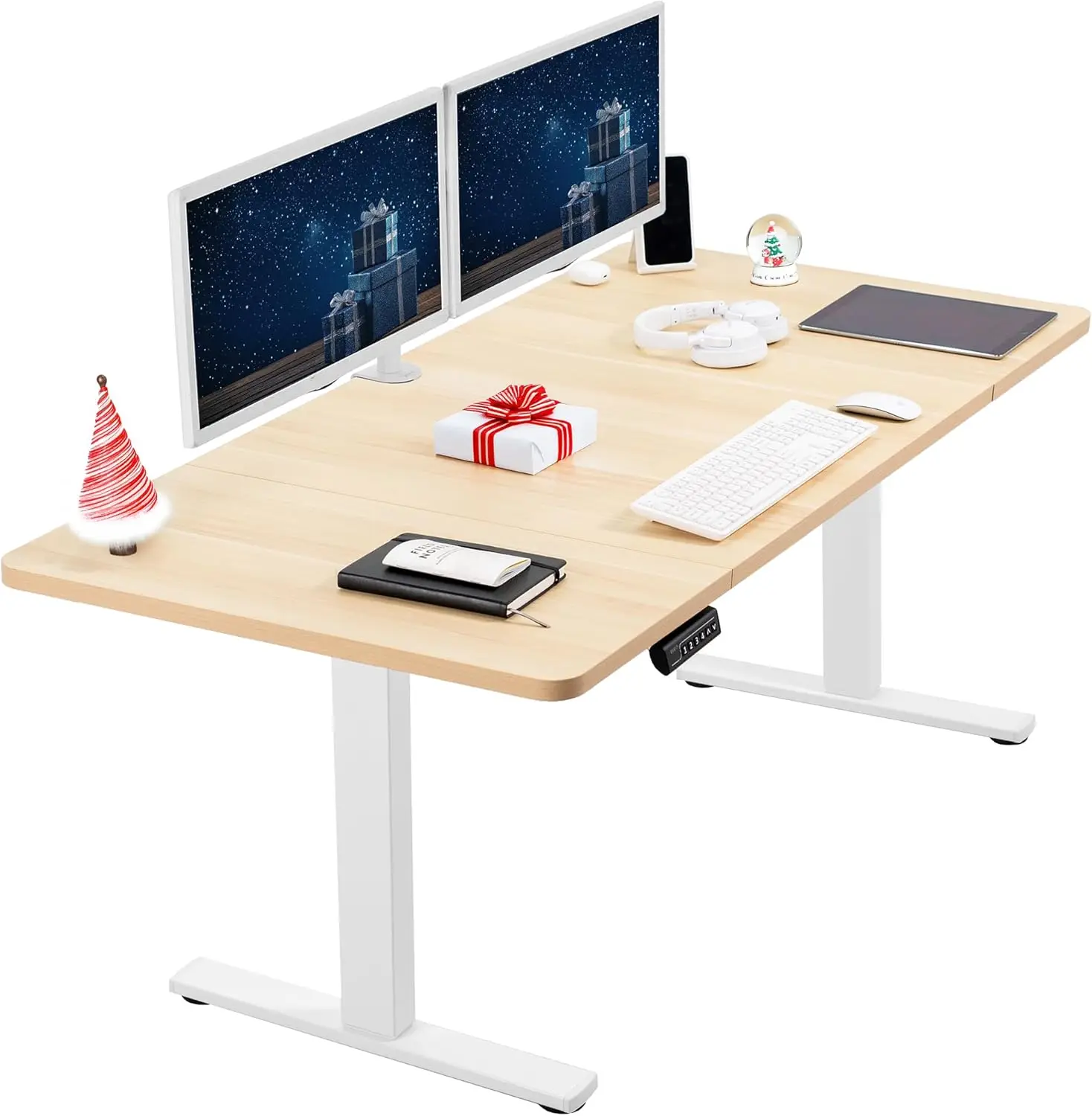 60 x 30 inch vertical desktop workstation with storage controller height adjustment, light wood roof and white frame