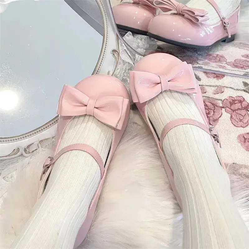 

Sweet Cute Bow Low Heel 1cm Flats Round Head Shoes Lolitas for Girls Harajuku Uniform Shoes