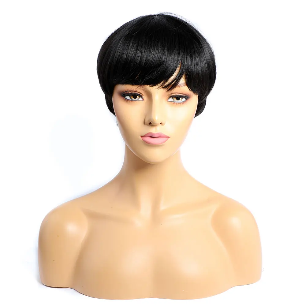Short Human Hair Wigs with Bangs Natural Black Short Wig Pixie Cut Wigs Human Hair Machine Made  Cosplay Duby wigs for Women image 2