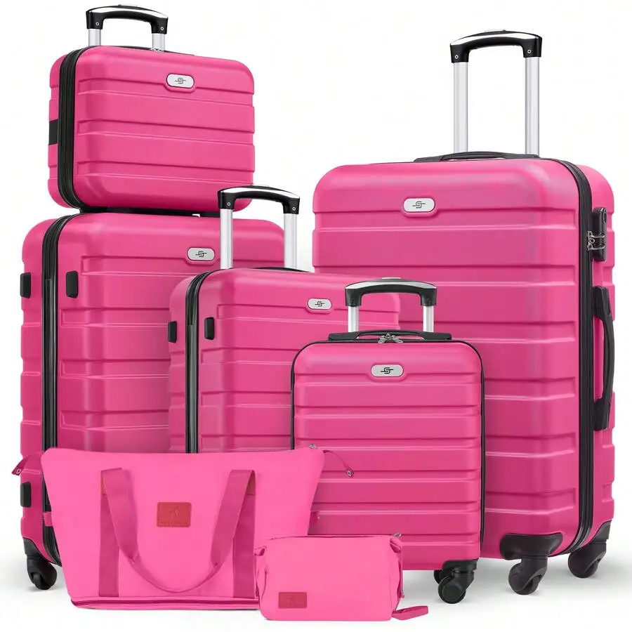 Large Capacity ABS Hardside Luggage Set, 16/20/24/28 Inch Spinner Suitcases + 2 Travel Bags + 1 Cosmetic Case, 7-Piece Set For Holiday Travel