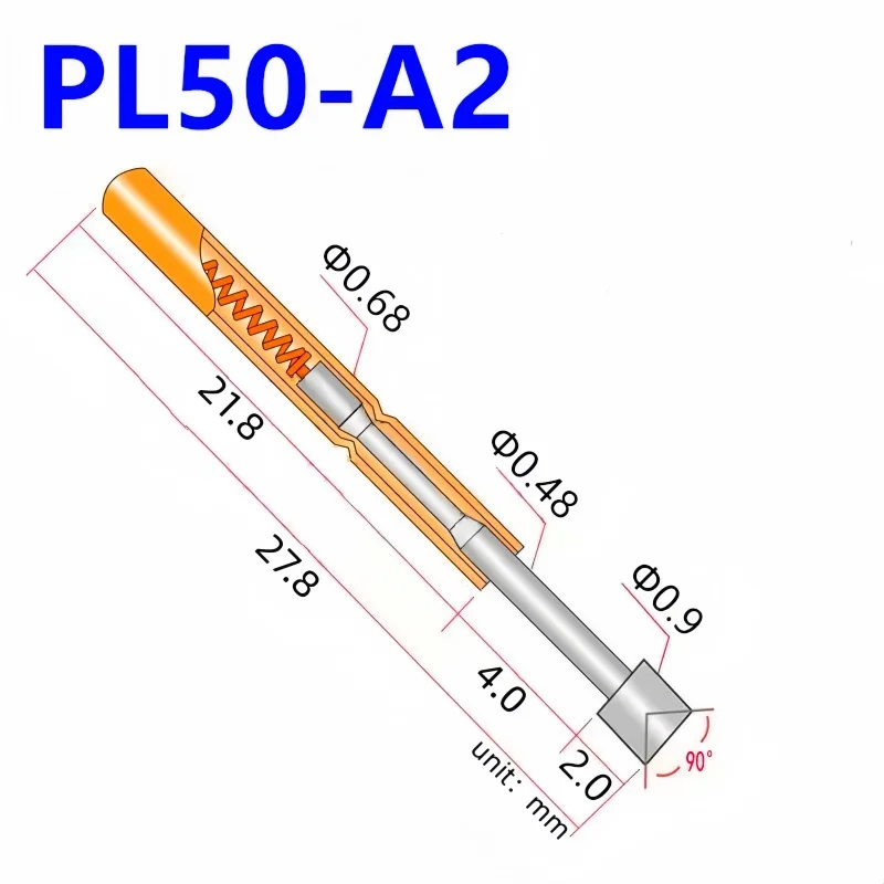 20/100PCS PL50-A2 Feder Test Pin PL50-A Test Sonde Kupfer Pogo Pin Metall Test Nadel Test Werkzeug 27,8mm Durchmesser 0,68mm 0,90mm 0,48mm