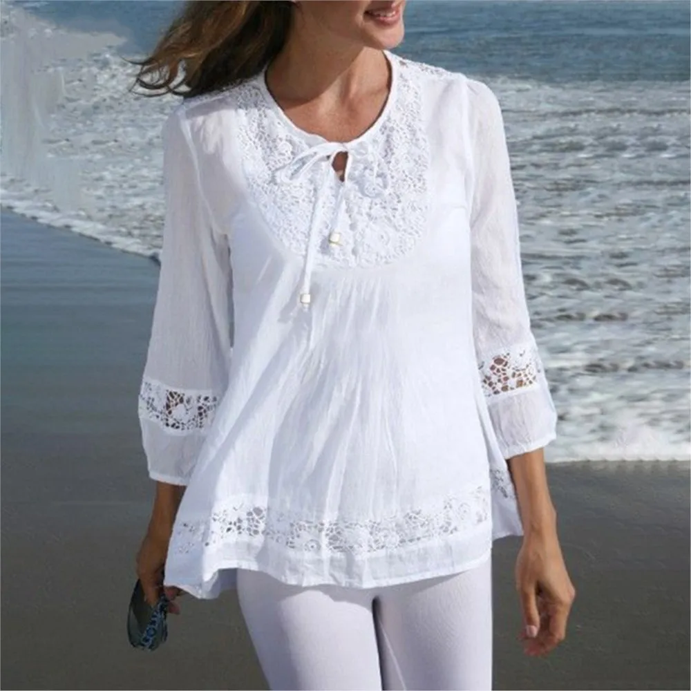 Boho Lace Patchwork Blouse Summer 3/4 Sleeve O-neck Lace-up Shirt Women Elegant Holiday Tops Female Casual Work Blouses 2024