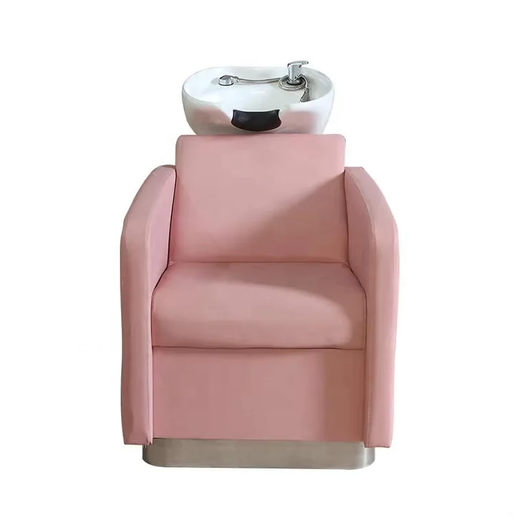 Modern Profession Pink Leather Hair Shampoo Chair Hair Salon Ceramic Basin Dark Waterproof Hair Salon Equipment Shampoo Bed