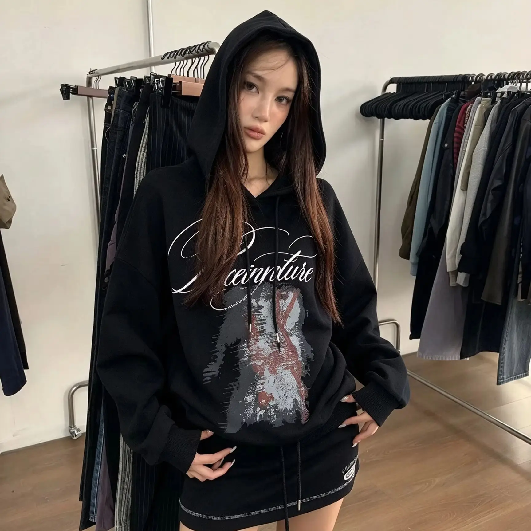 Oversized Graphic Print Hoodie Vintage Cursive Letter Abstract Streetwear Sweatshirt