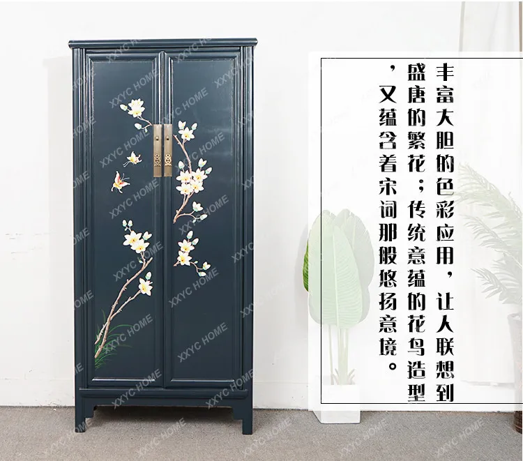 solid wood large-capacity hand-painted navy blue wardrobe retro simple locker