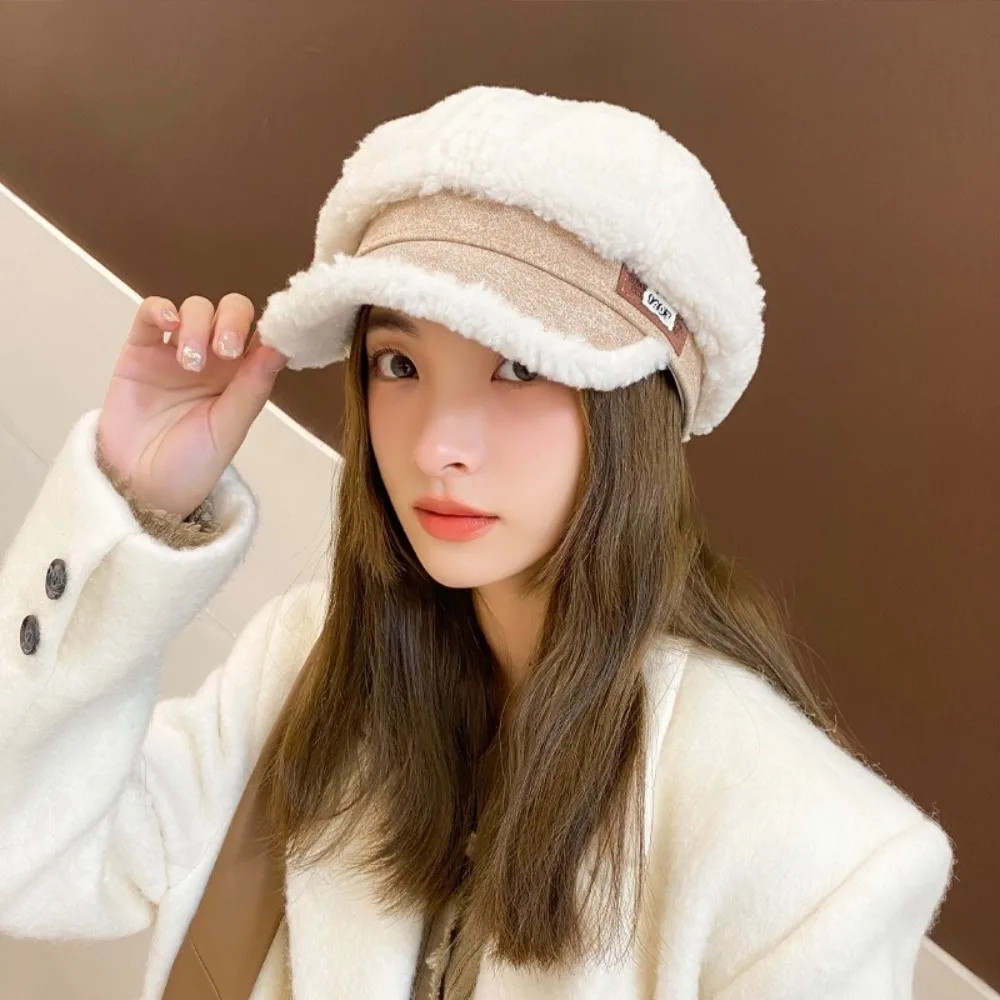 Fashion Thickened Lamb Fleece Peaked Cap Coldproof Y2K Winter Painter Hat Keep Warm Harajuku Plush Octagonal Cap Autumn