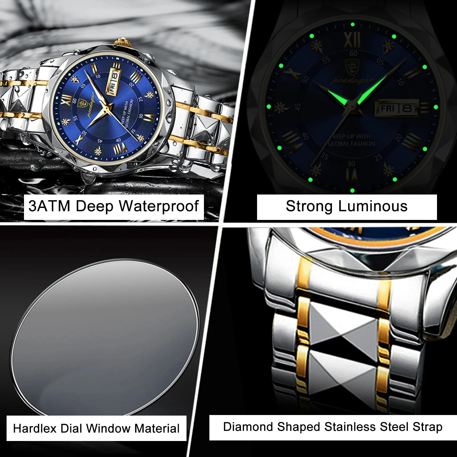 POEDAGAR Fashion Quartz Wristwatches New Diamond Mens Watches Top Brand Luxury Automatic Watch For Men Waterproof Clock Relojes