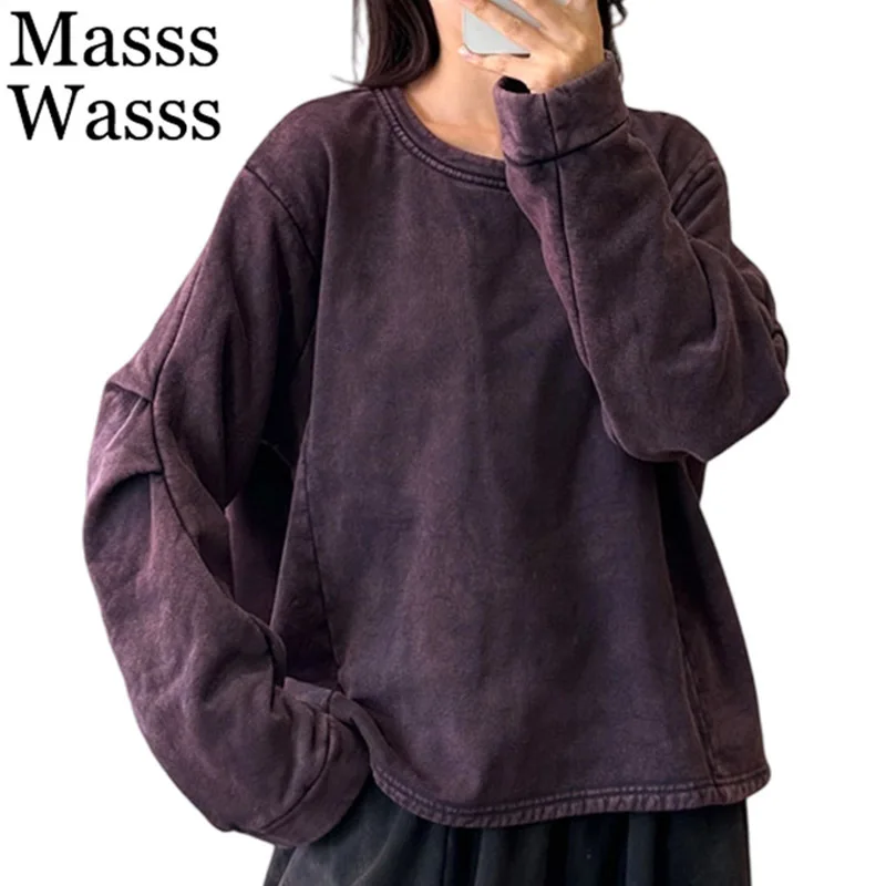 Masss Wasss Korean Design O Neck Clothes Womens Winter Fashion Loose Fur T-shirts Ladies 2025 Classic Leisure Solid Vintage Tops