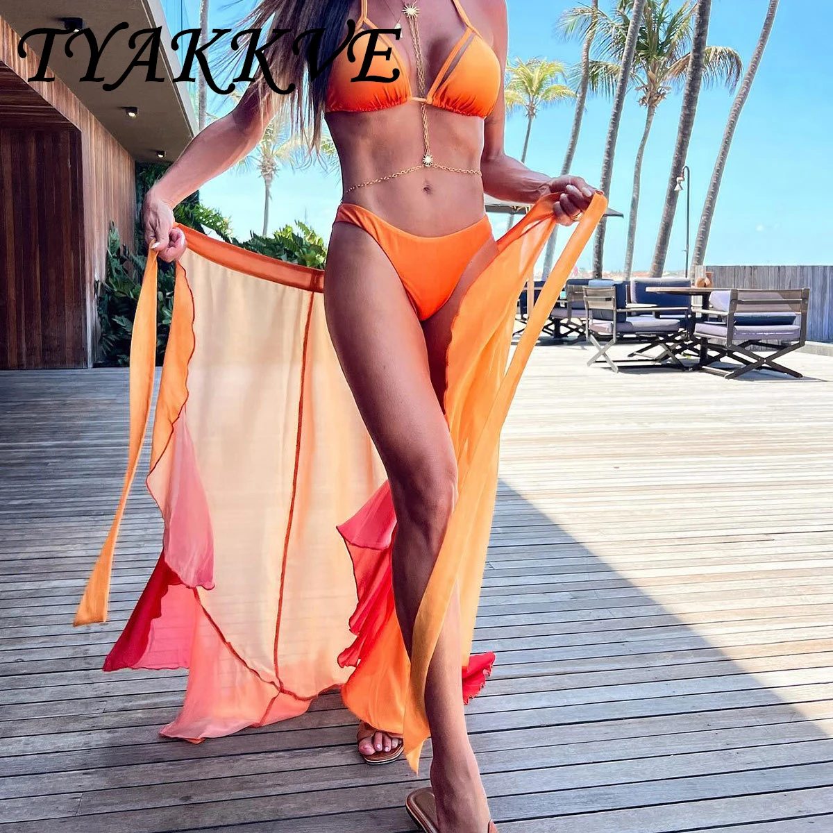 

TYAKKVE 2024 Summer New Beach Vacation Sexy Split Women's Swimsuit Gradient Three Point Bikini Mesh Half Skirt Three-piece Set