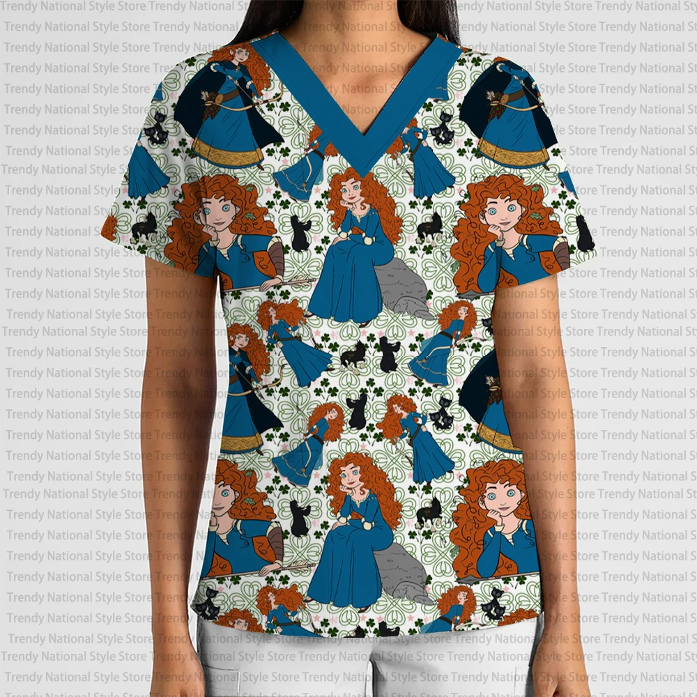 New Disney Cartoon Work Print V-Neck Pocket Short Sleeve Sand Top Dental Pet Shop Beauty Salon Nurse Medical Clothing T-shirt