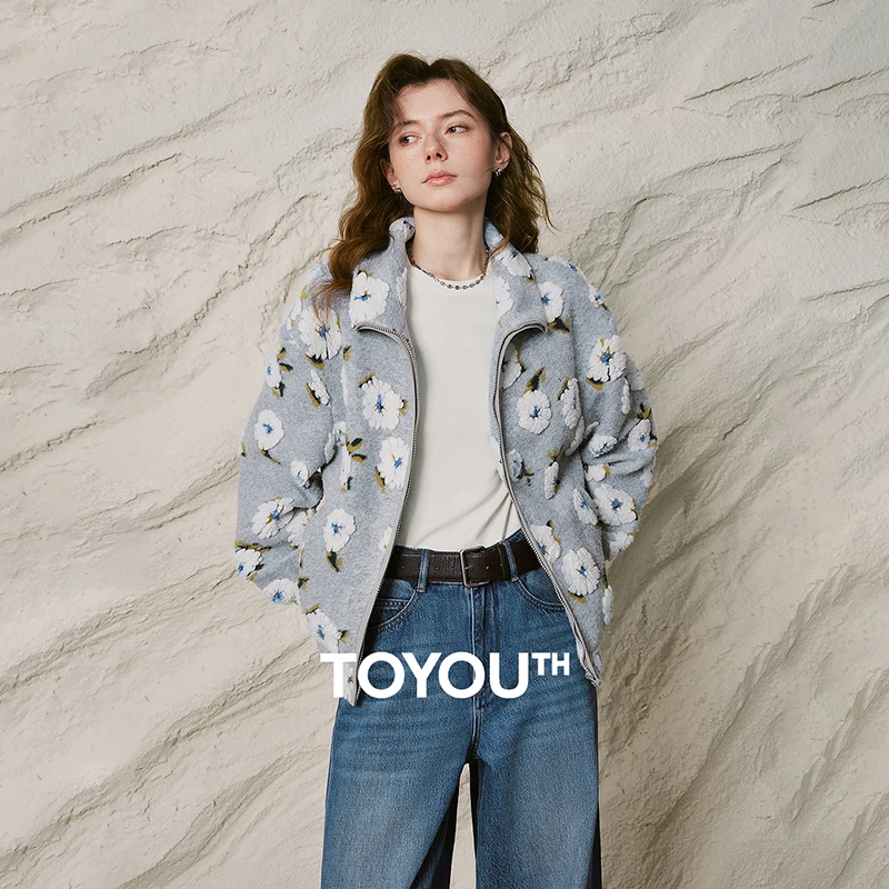 Women's Fleece Jacquard Jacket with Stand Collar - Winter Outerwear