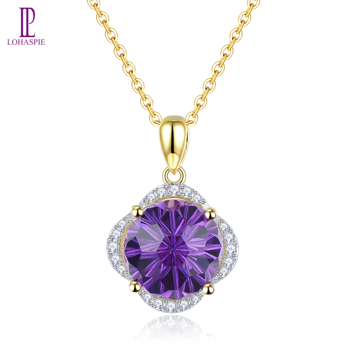 Lohaspie Natural Amethyst Real 9K Yellow Gold Customzied Pendant 5 Carats Genuine Diamond Firework Unique Cutting Anniversary