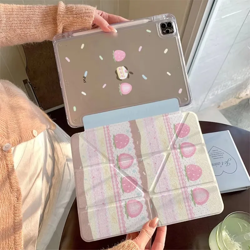 Cute Pink Strawberry Y-Fold Tablet Case For iPad Pro 11 12.9 13 A16 M2 M4 M3 M5 Shell 5/6/7/8/9/10/11th Mini Air 3 4 5 6 7 Cover