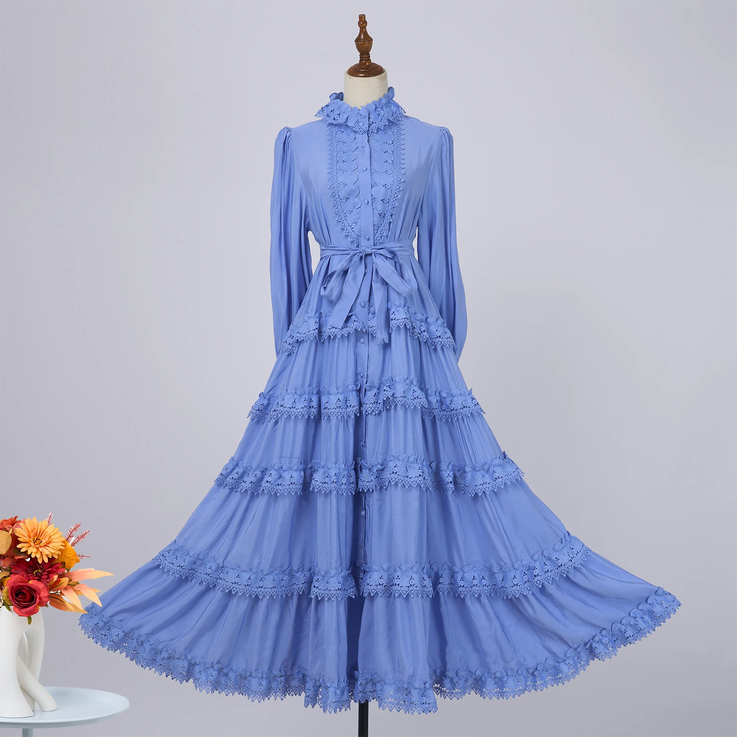 女性のためのレースのイブニングドレス,フリル,刺embroidery,ランタンスリーブ,ベルト,イブニングドレス,スタンド,休暇,秋