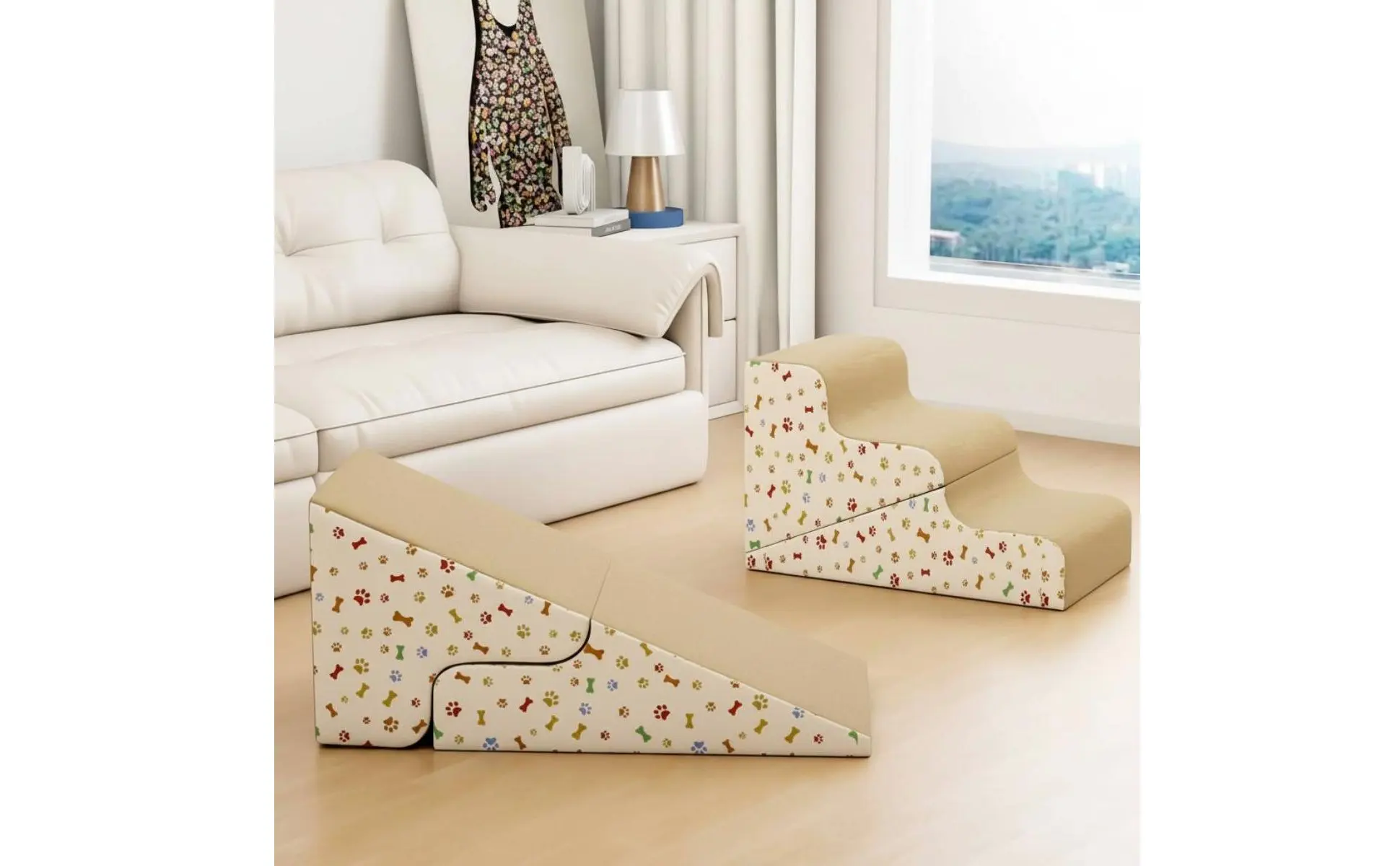 Transformable Pet Stairs Ramp Cleanable Cover Foldable Pet Ramp Three-Tier Dog Stairs Non-Slip Surface for Older Animals