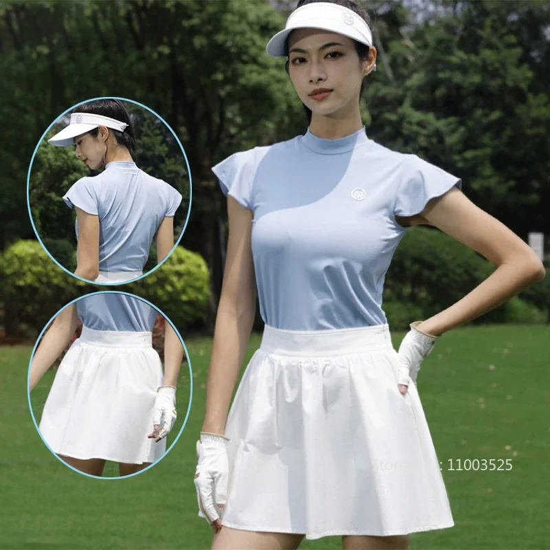 MG Golf Women Ruffle Fly Sleeve Shirt Round Neck Slim T-shirt Casual Korean Golf Short Skirt Lady A-Lined Tennis Skorts Culottes