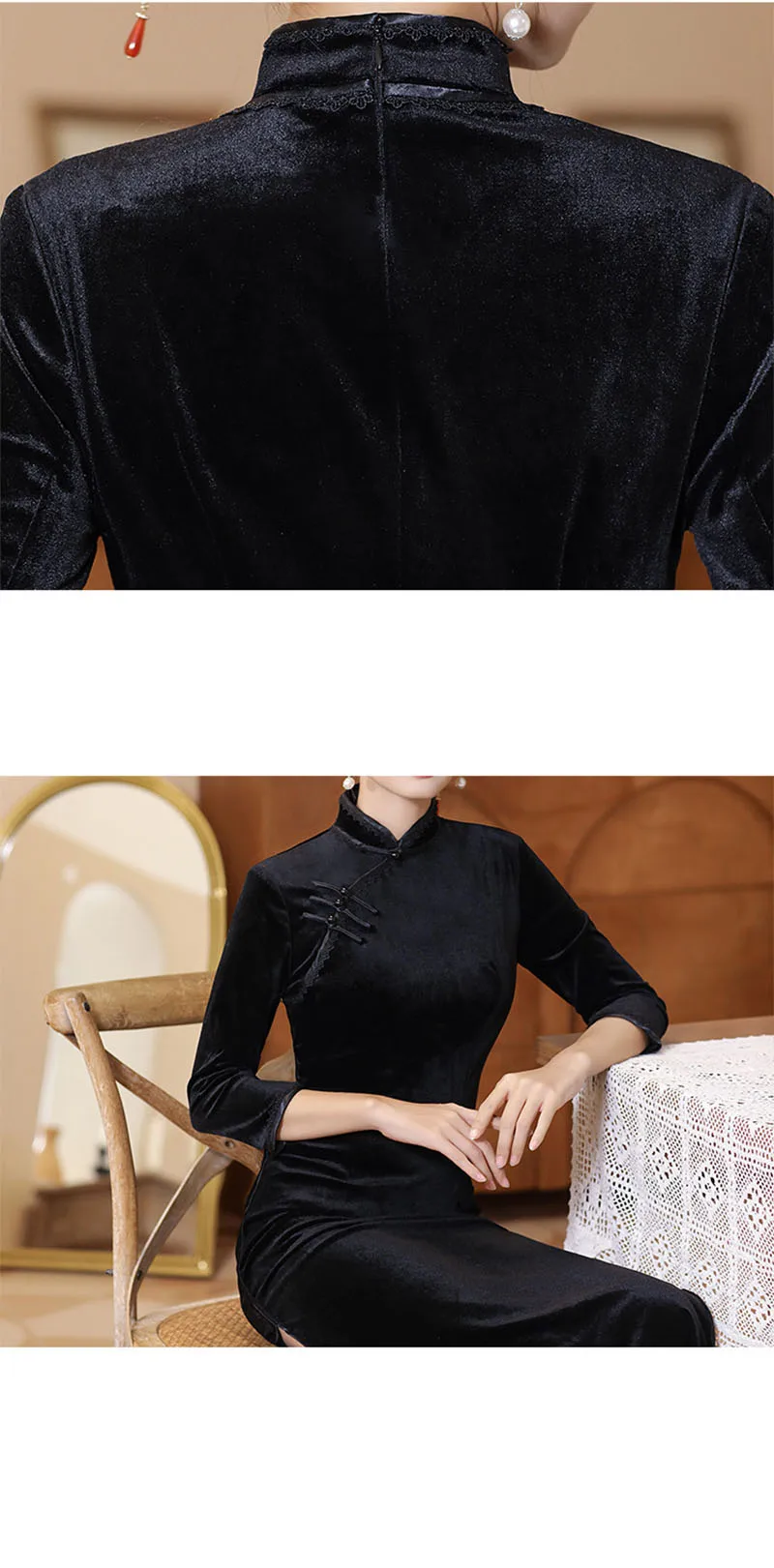 Autumn Winter Black Velvet Cheongsam Fashion Long Retro Style Dress Elegant Wedding Party Costumes Qipao M To 5XL