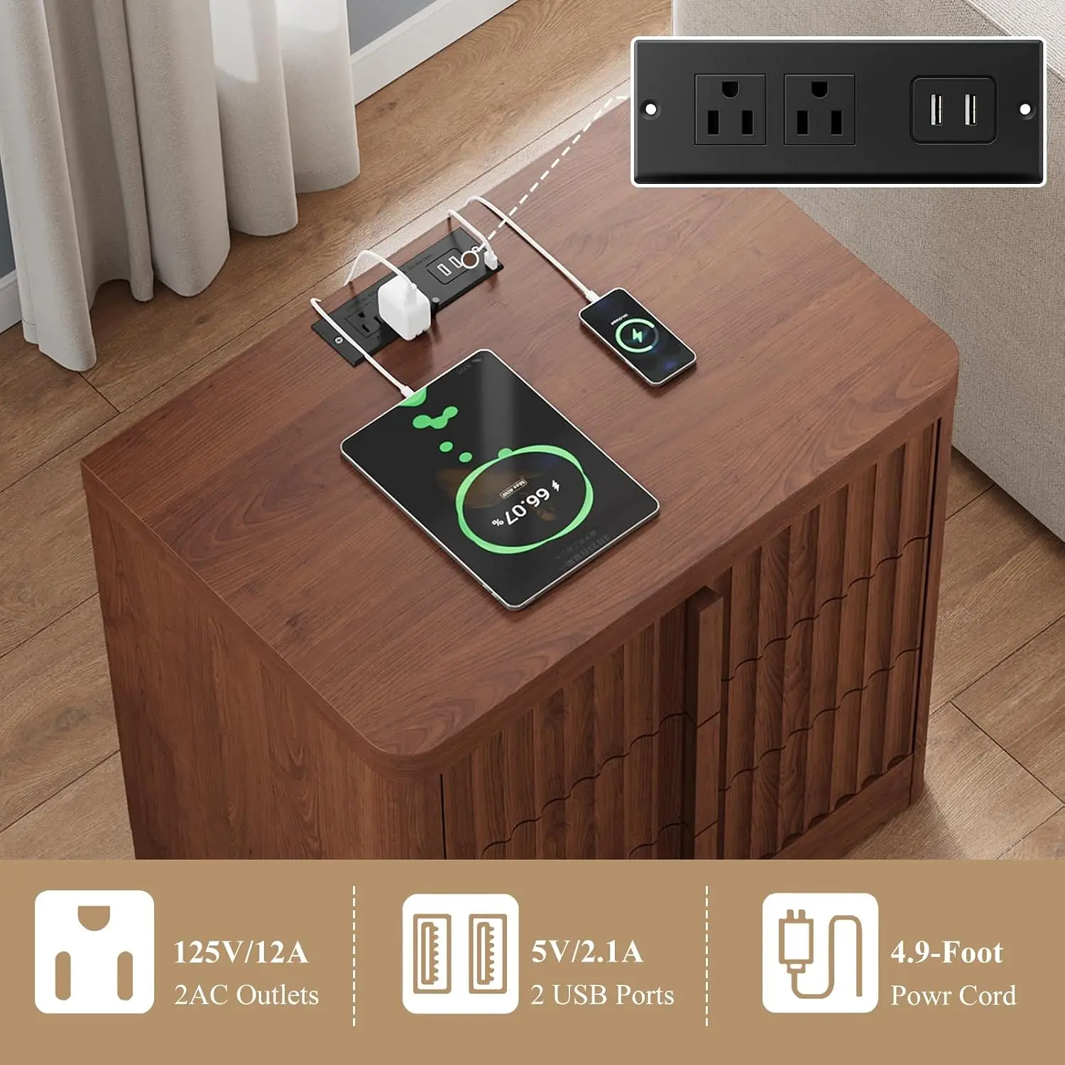 23.6" Fluted Nightstand with Charging Station, Walnut