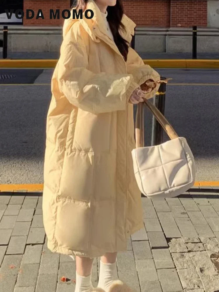 

Длинные пуховые хлопковые пальто Harajuku, женские элегантные толстые теплые куртки выше колена с капюшоном, 2024, зимняя модная повседневная универсальная куртка