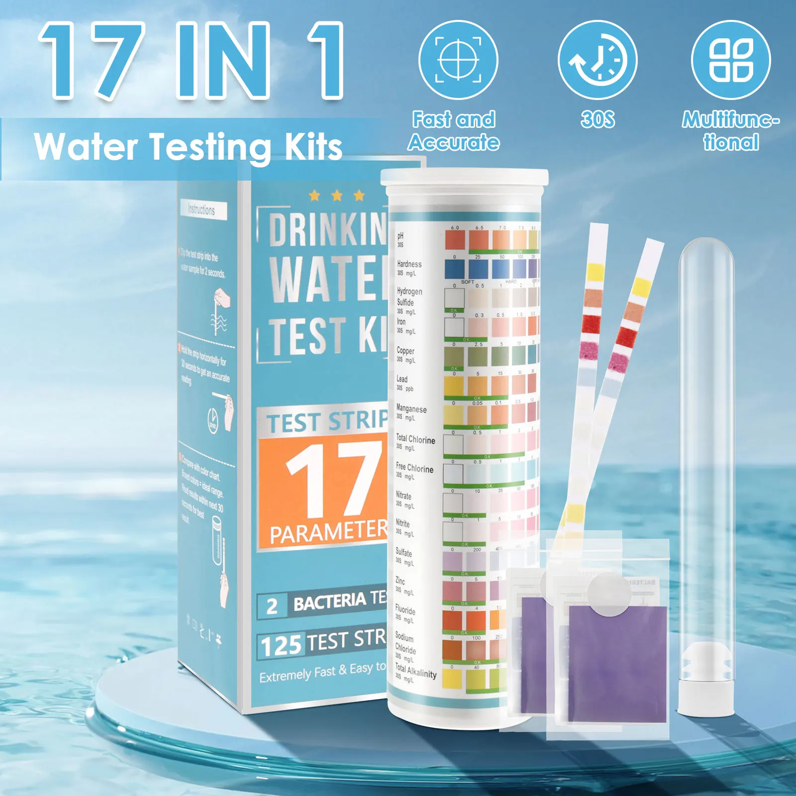 125Pcs 17 In 1 Water Testing Kit Aquarium Test Strips Easy Drinking Water pH Test Strips for House Tap Well Water Hardness Test