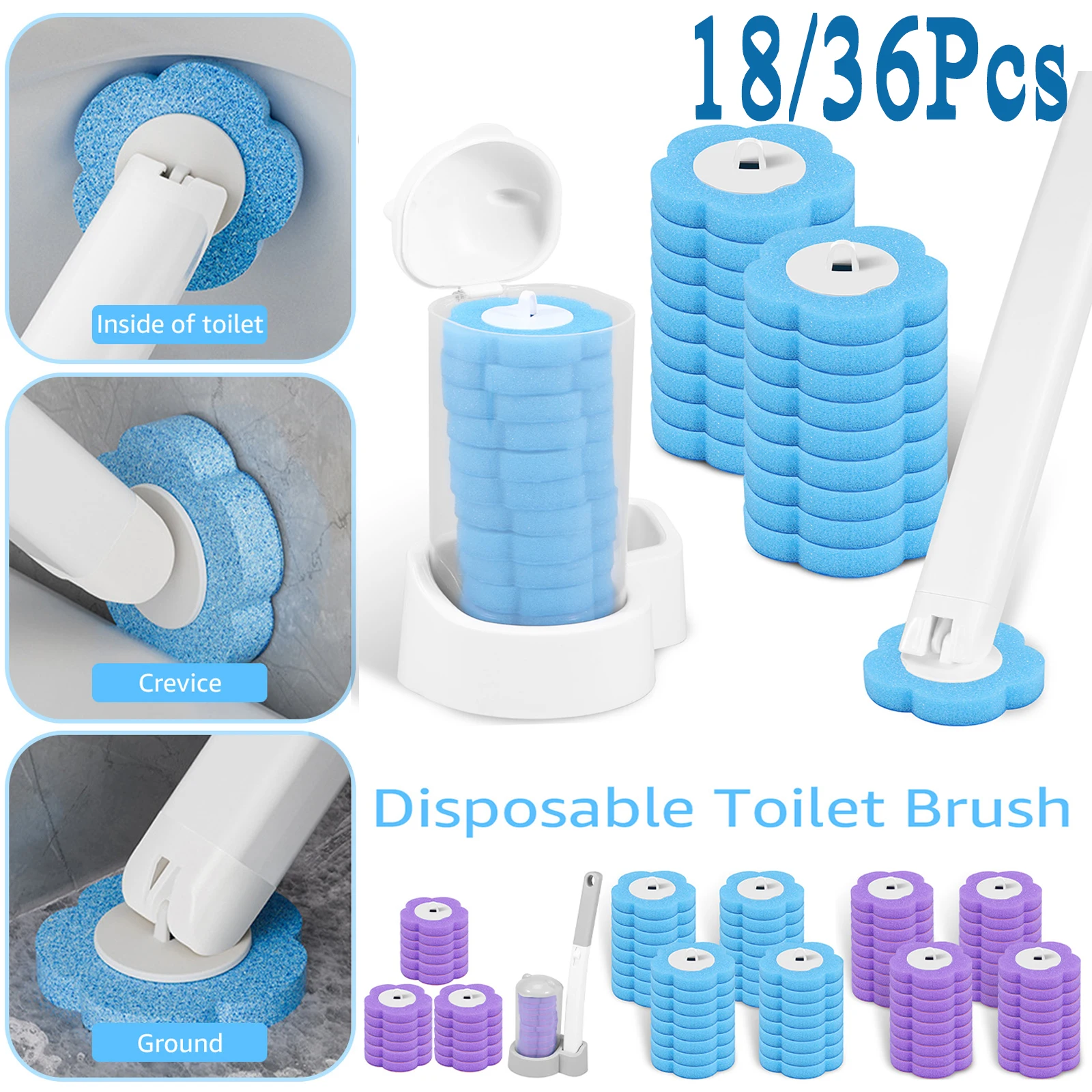 18/36Pcs Disposable Toilet Brush Clean Tool With Long Handle Bathroom Deep Cleaning Sponge Replacement Brush Head Wc Accessories