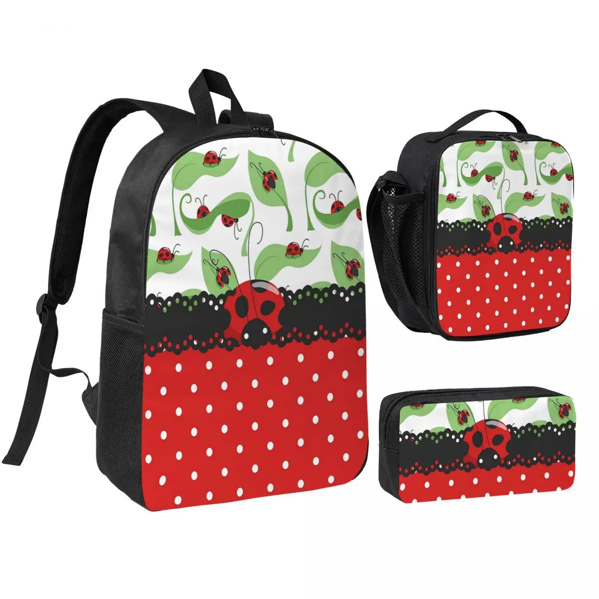 Cute Ladybug And Red White Polka Dots Backpack Student BookBag School Bag Shoulder Bags 3ps Insulated Lunch Bag Pencil Case