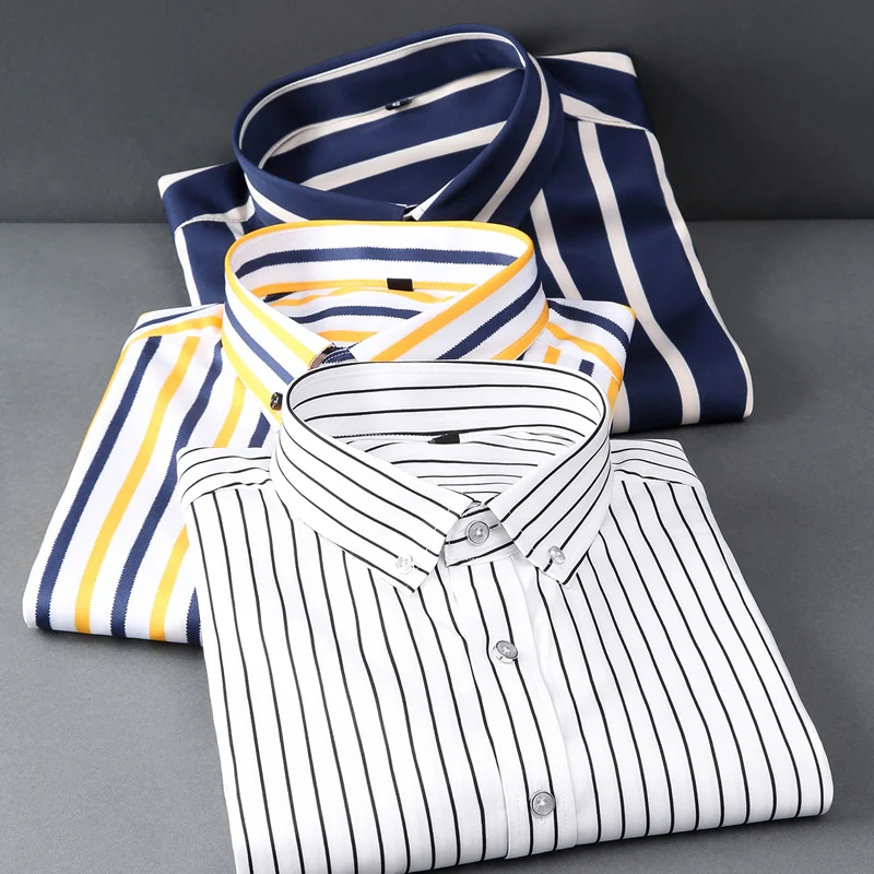 

New trend youth business slim, non-ironing and wrinkle-resistant long short-sleeved shirts men's elastic vertical striped shirts