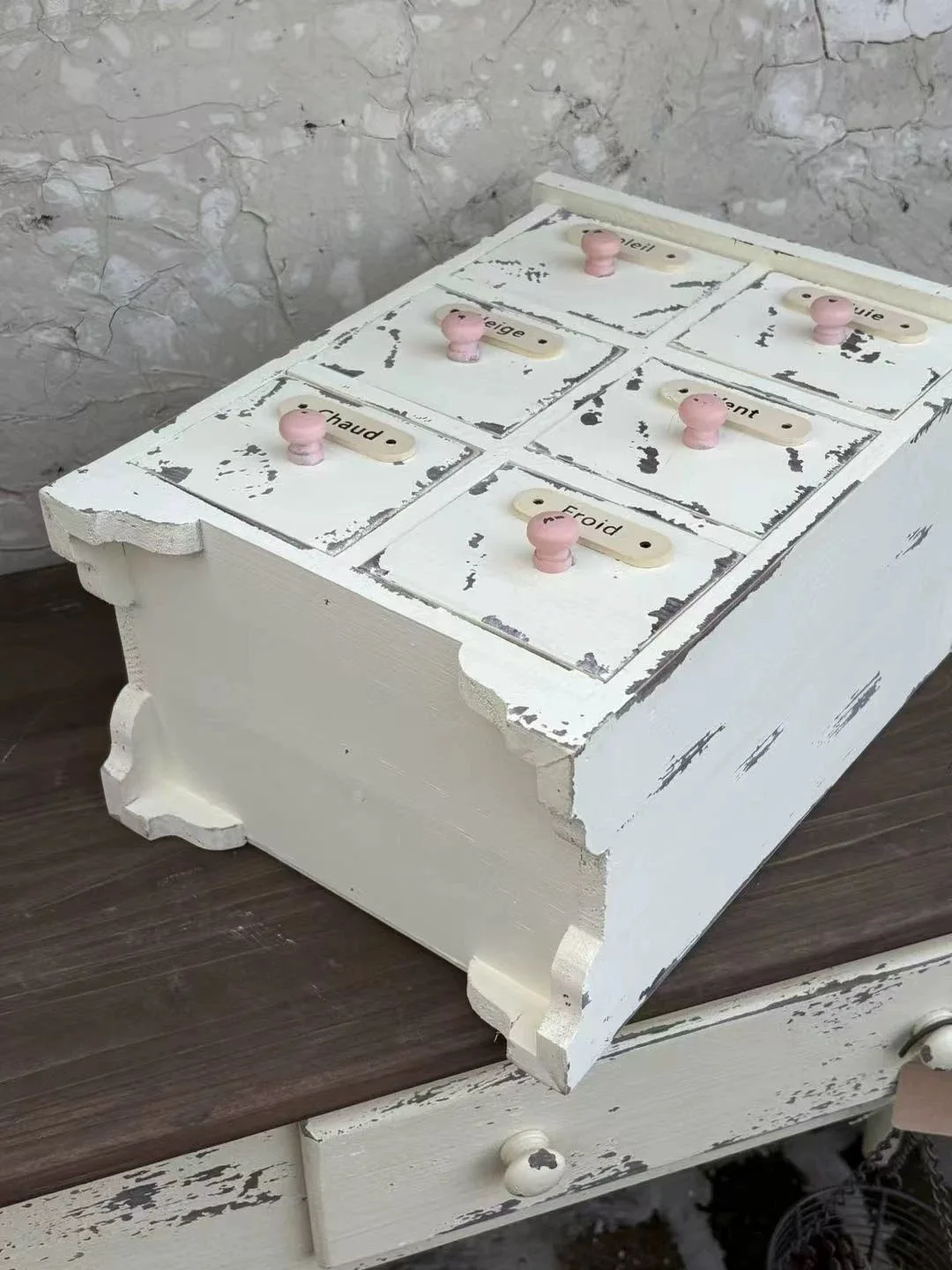 French Country Weather Station Cabinet, Rustic Wooden 6-Drawer Organizer with Weather Labels, Vintage Style Storage Unit