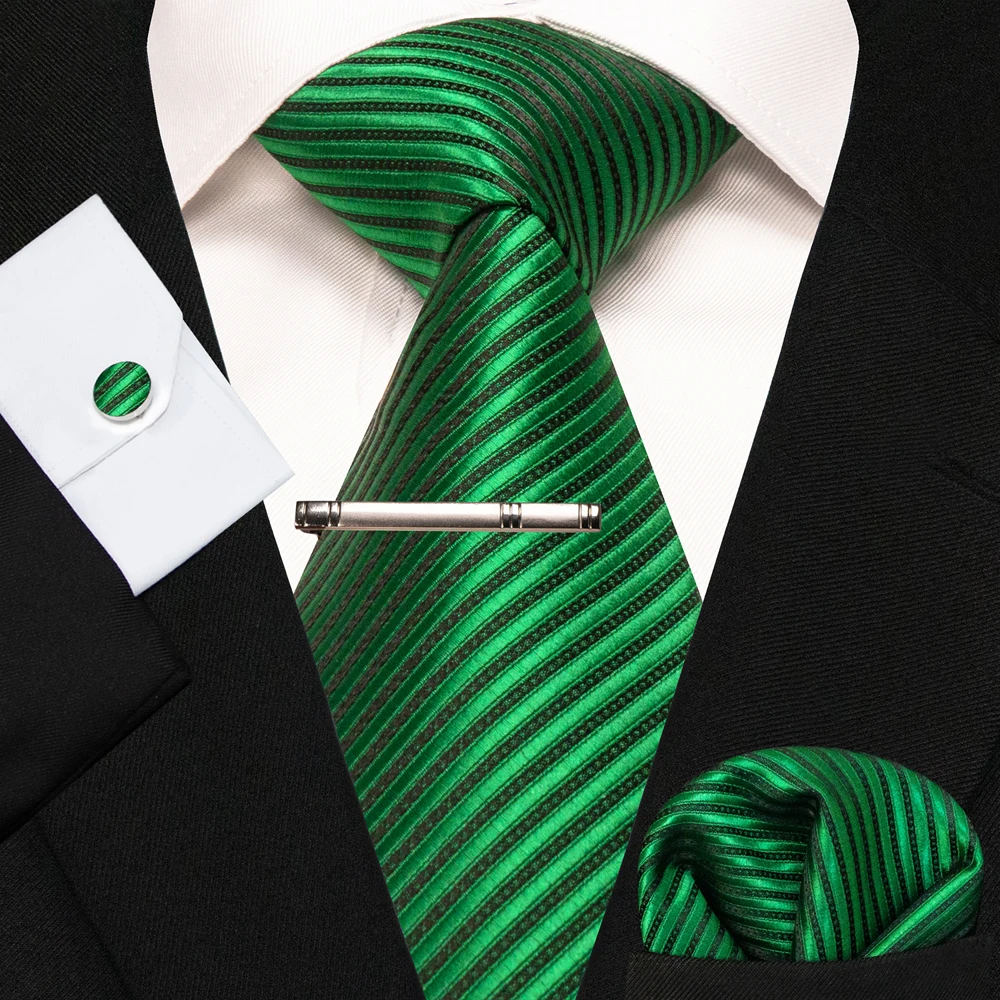 8cm Seidenkrawatten für Herren, grün-schwarze Krawatten, kariert, gestreift, Krawatten-Set mit Einstecktuch, Manschettenknöpfen und Krawattenklammern, für Hochzeit, Business, Party. – Detail 36