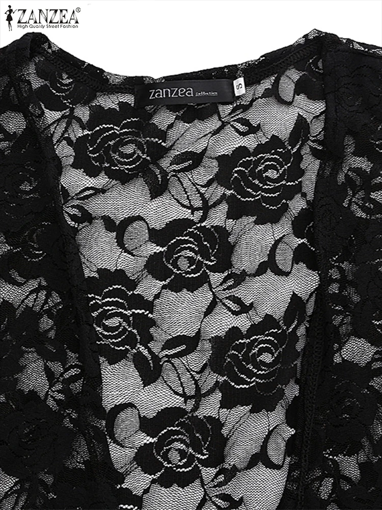 Cardigan aperto sul davanti per le vacanze alla moda 2025 ZANZEA Camicie estive in pizzo all'uncinetto Camicetta da donna Casual Manica 3/4 Copricostume da spiaggia Top